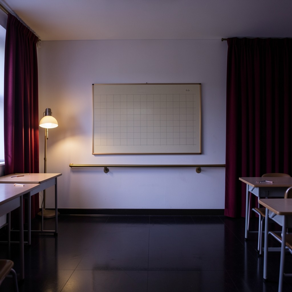 The Incheon chart room before an evening session, with an empty wall chart, brass rail, and velvet curtains