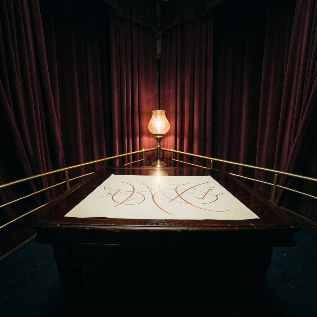 Wide view of a lamplit chart room with burgundy velvet curtains and a large hand-drawn price chart on a dark wood table