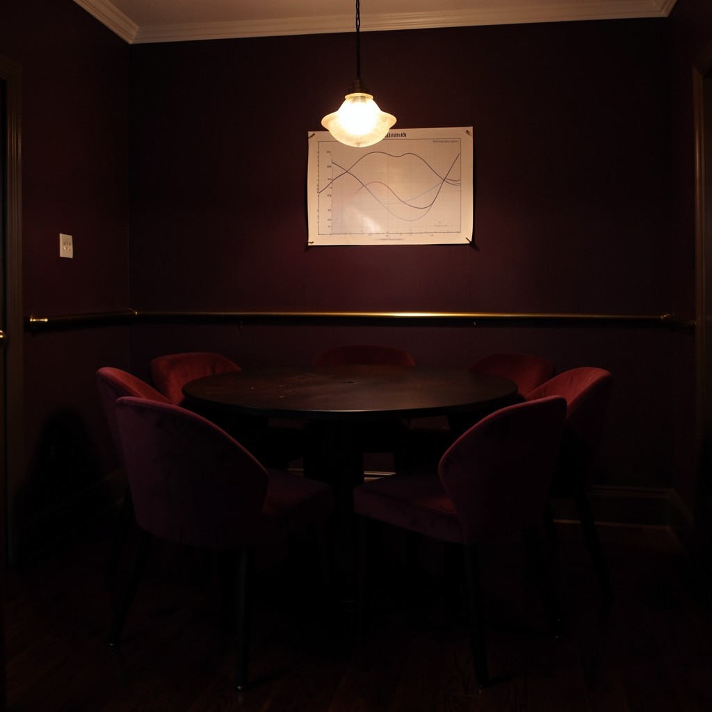 The chart room after a session, chairs slightly pulled back and a marked chart still on the wall