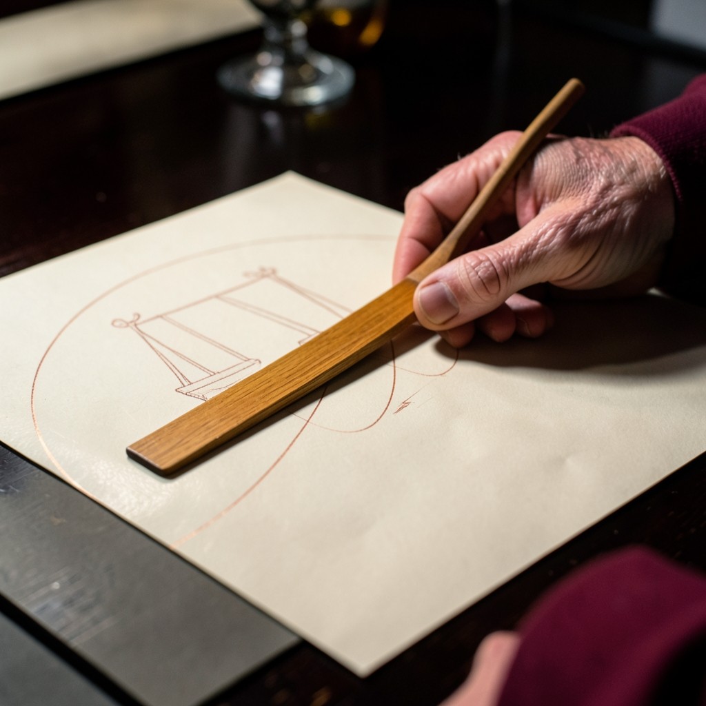 Hands aligning a straightedge on a paper chart while copper extension arcs run past a completed swing