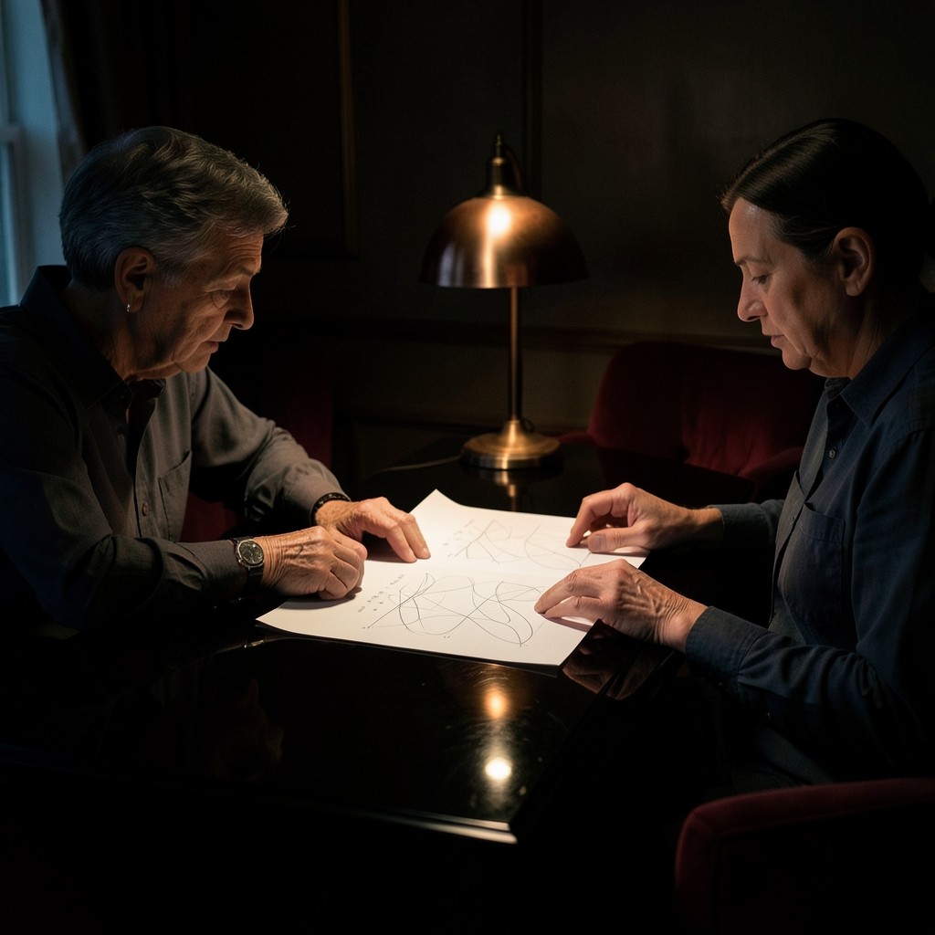 Two adults at a lacquered desk reviewing a marked printed chart under a copper lamp