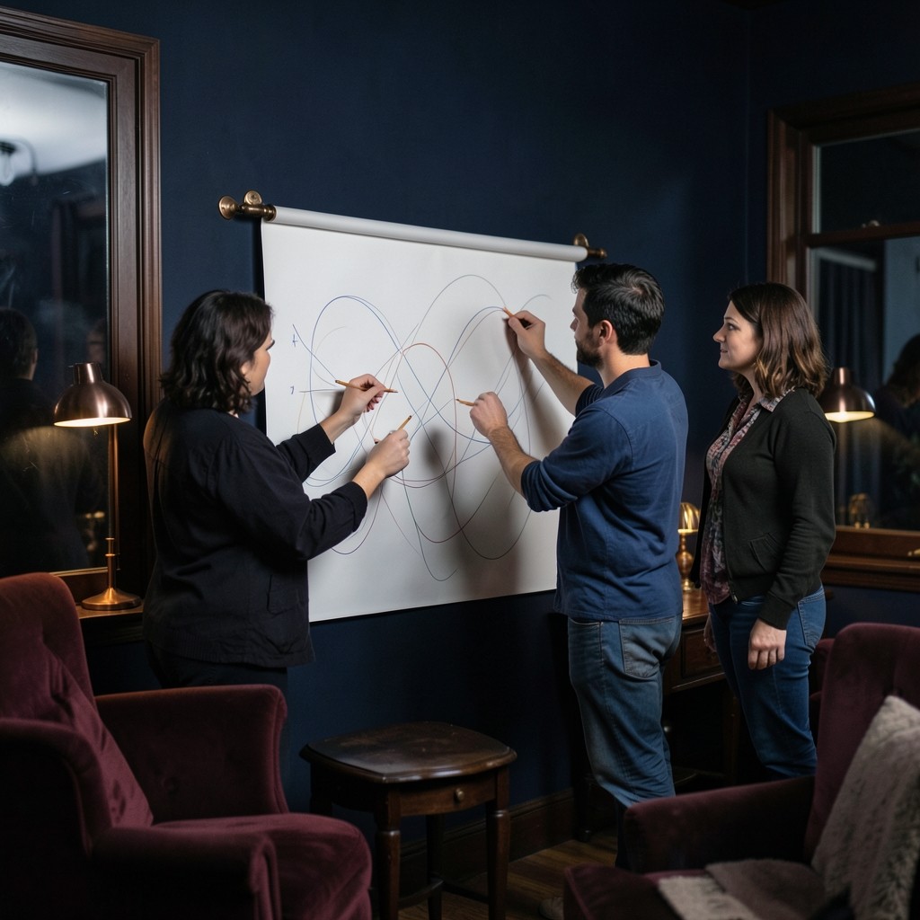 Small group gathered around a wall chart during an evening Fibonacci retracement session